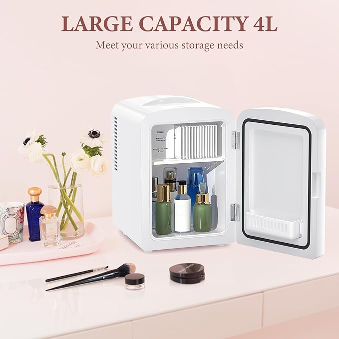 Xbeauty Mini Fridge, 4L Portable Small Refrigerator for Skincare, Cosmetics, Food & Drinks, Cooling&Heating, Compact Refrigerator for Bedroom, Dorm, Car, Office, White