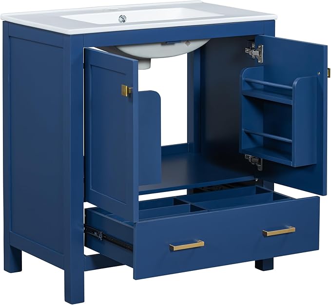 Bellemave 30" Bathroom Vanity with Sink Combo Set, Solid Wood Frame Bathroom Storage Cabinet with a Drawer, 2 Soft Closing Cabinet Doors with Organizer, Blue
