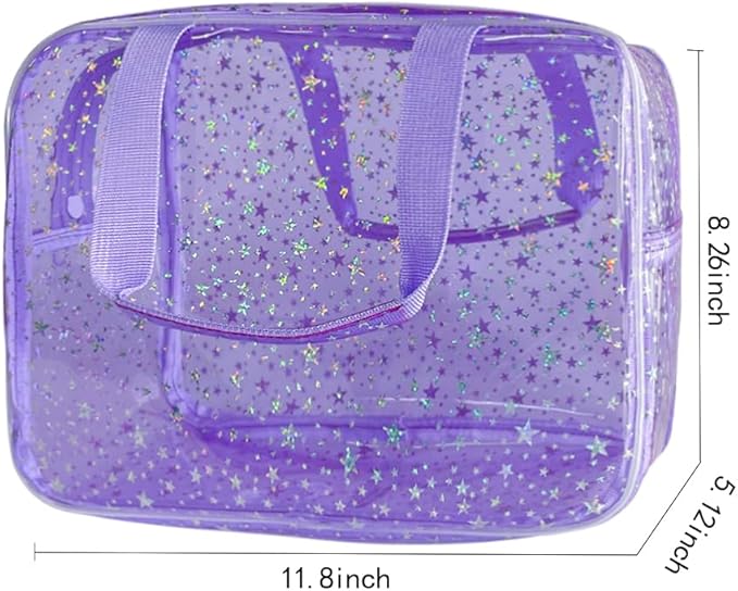 TotePrint 12”X5“X8” Portable 8L Purple Clear Makeup Bag Twinkle Star Toiletry Bag Waterproof Cosmetic Bag With Zipper & Handle for Concert Sports Events Travel Commuting Beach Essential