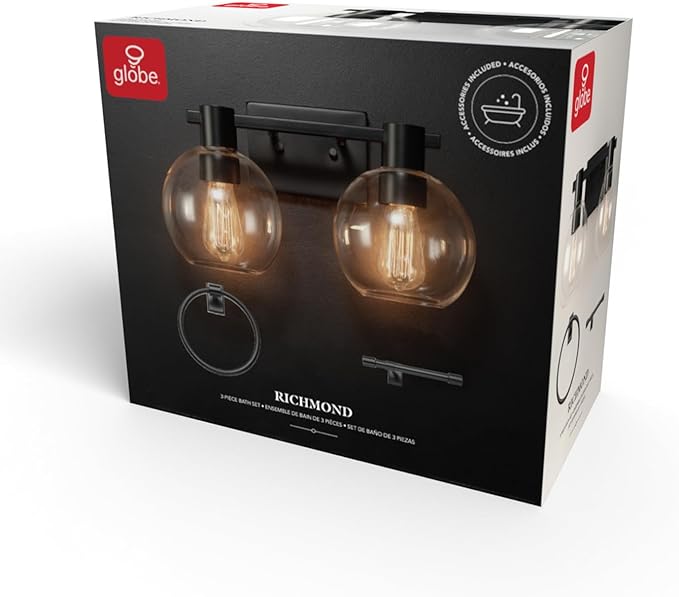GLOBE Electric 63000057 3-Piece All-in-One Bathroom Set, Matte Black, 15" 2-Light Vanity Light, Clear Glass Shades, Toilet Paper Holder, Towel Ring, Bathroom Lights Over Mirror, Powder Room Lighting