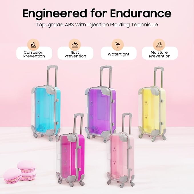 Jiabailie 12 Pack Mini Suitcase Party Favor Gift Box Plastic Mini Luggage Trolley Candy Box False Eyelashes Tiny Suitcase for Girls Birthday Party Jewelry False Eyelashes Storage 5 Colors