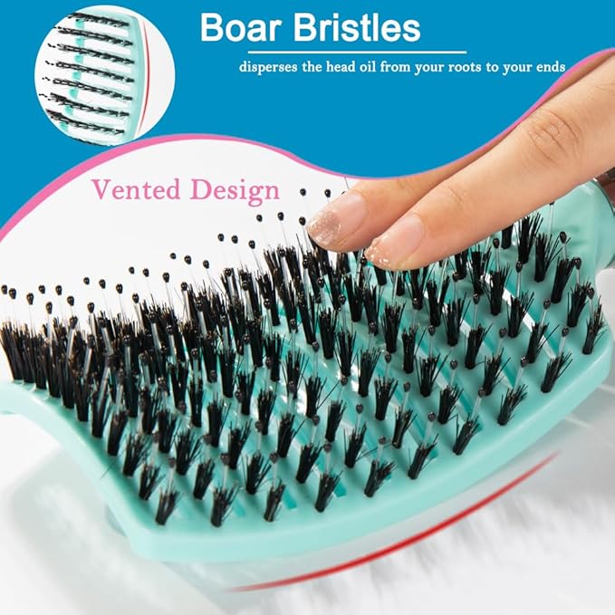 TaiBest Boar Bristle Brush Set - Dry/Wet Detangler for Fine, Thick, Curly Hair - Curved and Vented Brush for Women, Men or Kids