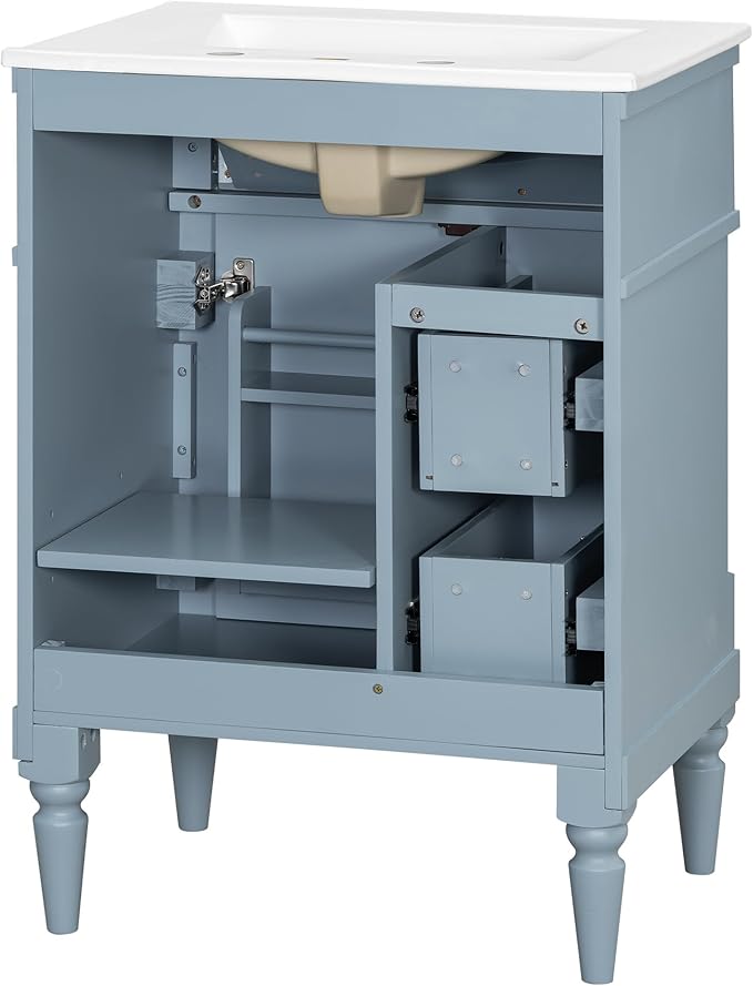 Harper & Bright Designs 24" Bathroom Vanity with Sink, Free Standing Bathroom Vanity Set with Flip Drawer, 2 Drawers, and Adjustable Shelf, Storage Cabinet with Ceramic Basin for Bathroom, Blue Grey
