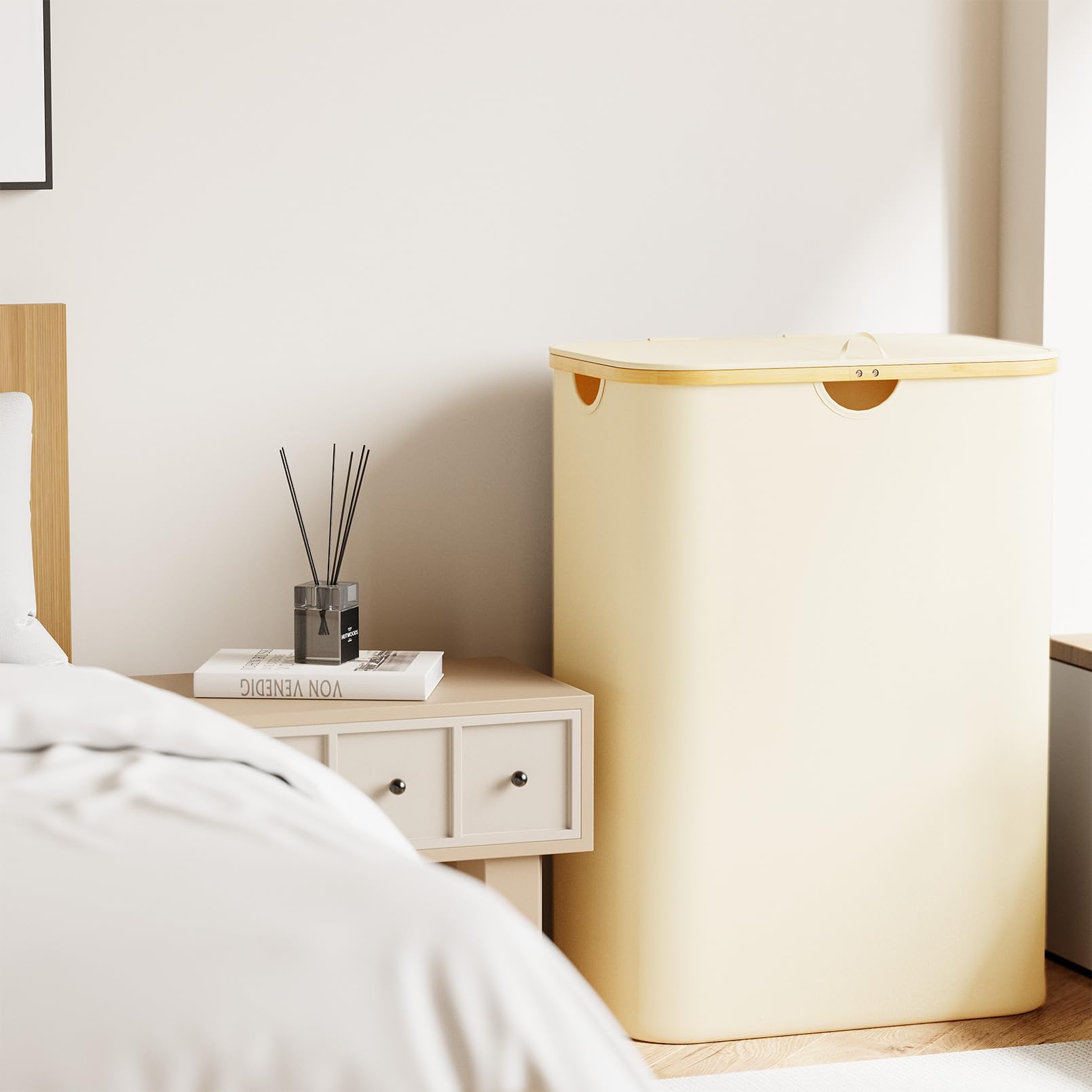 SpaceAid Double Laundry Hamper 2 Section with Lid and Removable Laundry Bags, 160L Clothes Basket with Bamboo Handles, Large Collapsible Hamper for Bedroom, Bathroom, Dorm, Laundry Room - Beige