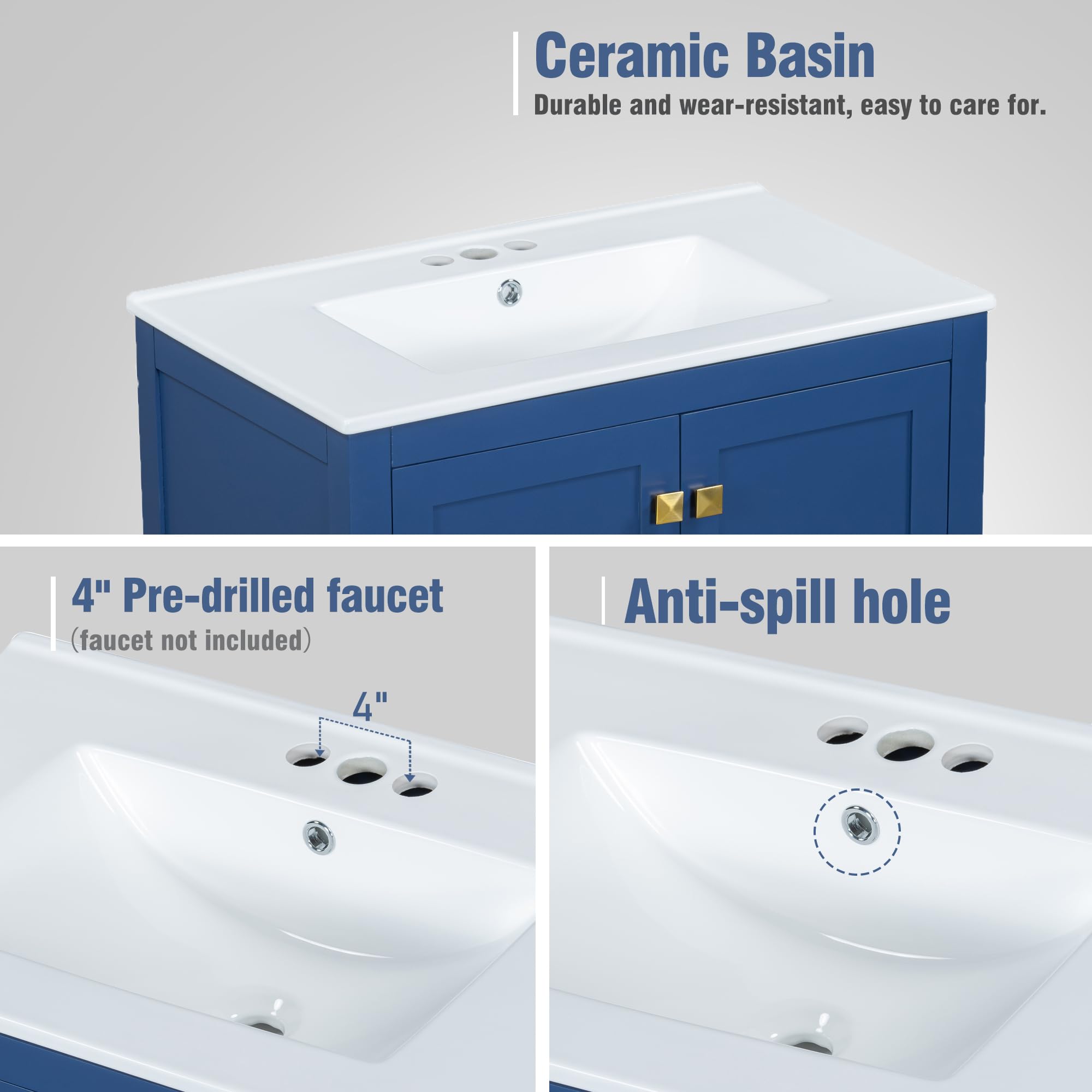 Bellemave 30" Bathroom Vanity with Sink Combo Set, Solid Wood Frame Bathroom Storage Cabinet with a Drawer, 2 Soft Closing Cabinet Doors with Organizer, Blue