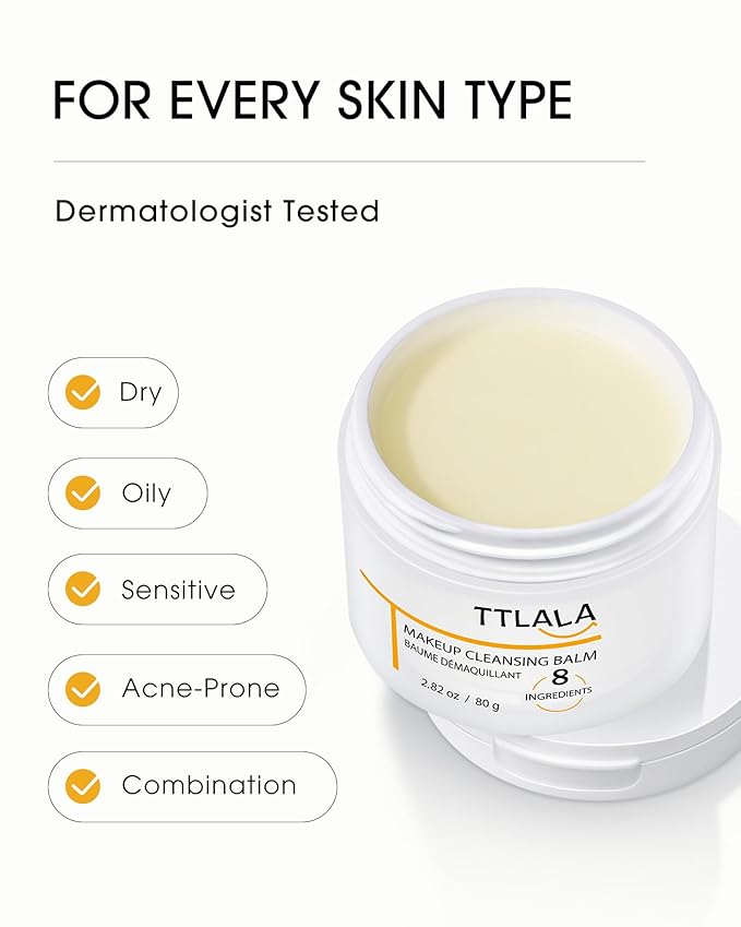 TTLALA Cleansing Balm, Only 8 Ingredients Makeup Remover Balm, Waterproof Eye Make Up Remover with Vitamin E, Gentle and Nourishing, Skin-friendly and Suitable for All Skin Types 2.82 oz