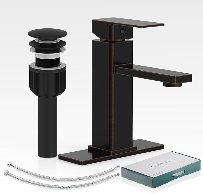 Bathroom Sink Faucet, Oil Rubbed Bronze Bathroom Sink Faucets & Parts(Pop-up Drain+6" Escutcheon Plate+Supply Hoses), Single Handle for Modern Farmhouse RV Sink