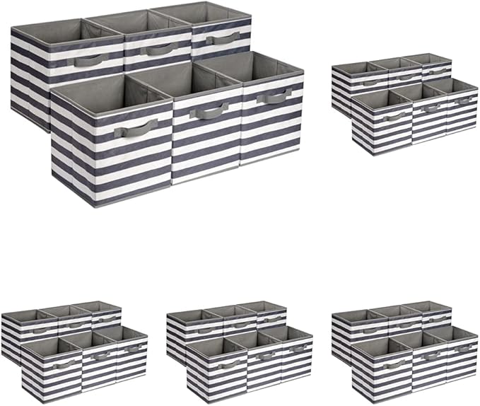 Amazon Basics Collapsible Fabric Storage Bins with Handles, Cube Organizer for Home Organization, 10.5"x10.5"x11", White/Light Grey Stripe, 6 Count (Pack of 5)