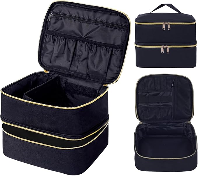 TANPADUAJI Double Layer Makeup Bag Portable Large Cosmetic Case Organizer with Adjustable Dividers Storage Travel Bag for Accessories Brushes Conditioner and Skin Care Products (Black)