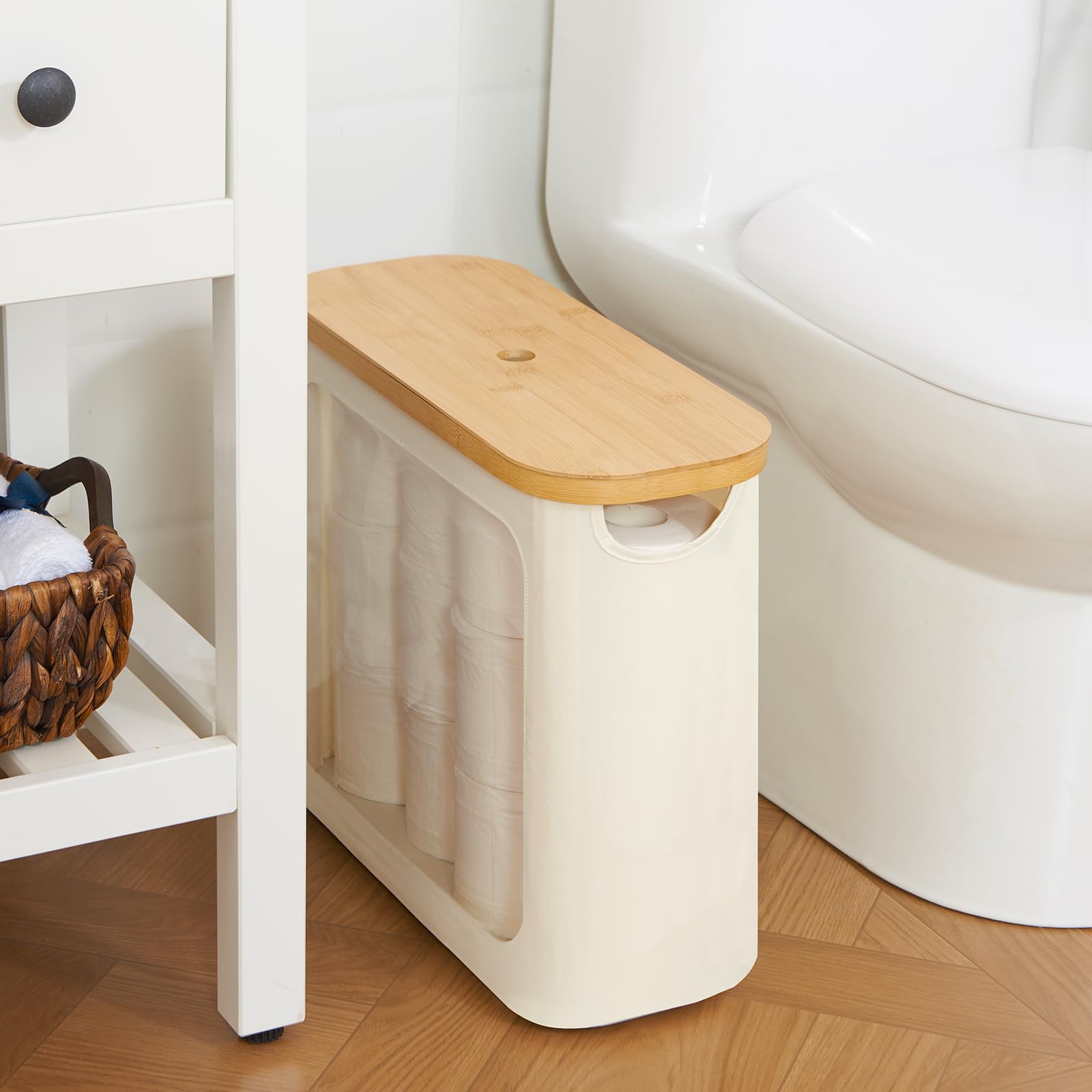 ROSOS Toilet Paper Storage with Lid, Large Toilet Paper Holder for up to 12 Rolls, Free Standing Bathroom Storage Organizer with Lid, Beige