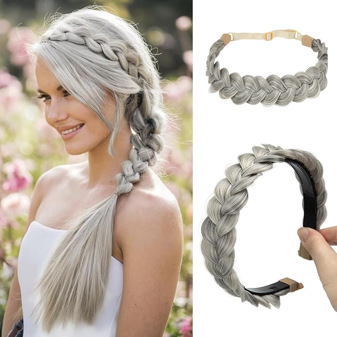 CJL HAIR 2PCs Braided Headbands Hair Piece for Women Synthetic Hair Hoops Head Bands Handmade Braid Hairband Accessories Elastic Stretch Headwrap Grey Multi