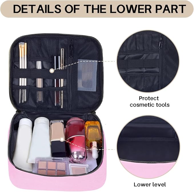 TANPADUAJI Double Layer Makeup Bag Portable Large Cosmetic Case Organizer with Adjustable Dividers Storage Travel Bag for Accessories Brushes Conditioner and Skin Care Products (Pink)