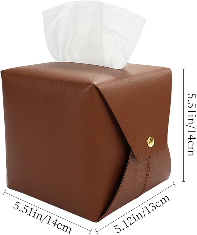 Frayot Tissue Box Cover Square, Faux Leather Tissue Holder Organizer with Side Openings for Bathroom, Vanity, Tabletop, Office (1Pack-Brown)
