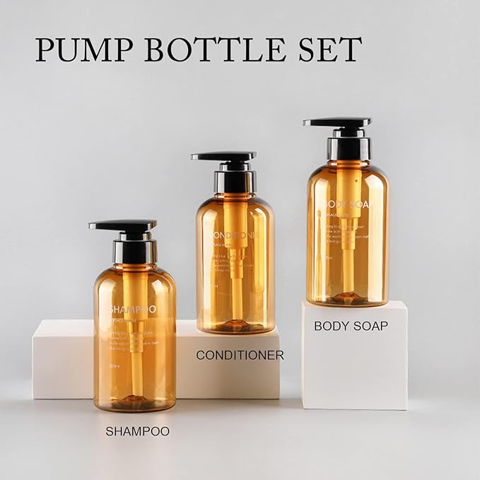 3pcs Refillable Shampoo and Conditioner Bottles, 10oz/300ml Shampoo Conditioner Body Wash Dispenser for Hotel Bathroom, 3pcs Plastic Shampoo Bottles with Pump (Amber)