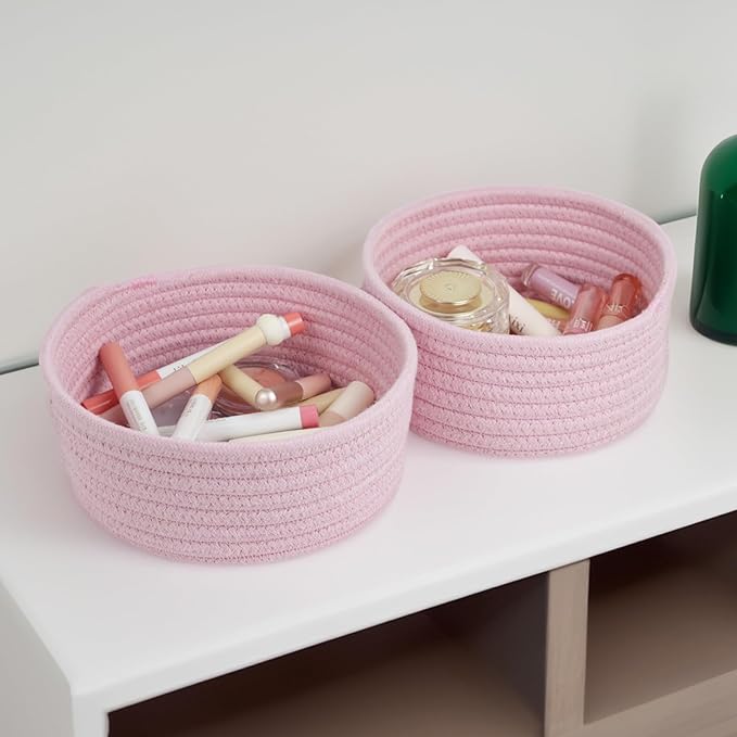 Small Storage Basket, Set of 3 Woven Baskets, Cotton Rope Small Baskets for Organizing, Cute Mini Tiny Round Basket, Bathroom Organization Bin (Pink)