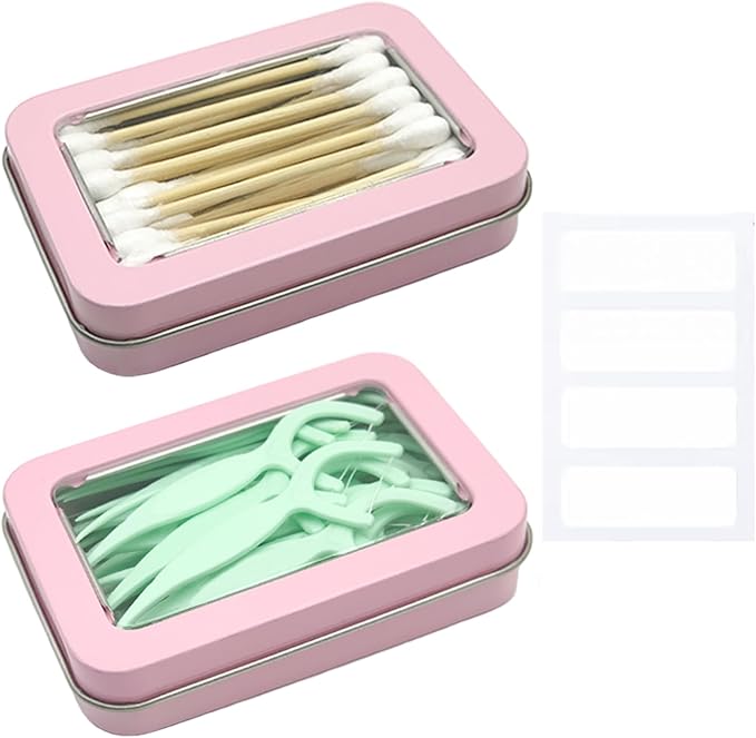 MatFirsmo Cotton Swab Holder for Travel, 2 Pcs Portable Small Dental Floss Holder Empty Metal Cotton Ball Holder, Travel Floss Picks Case with Dustproof Lid for Cotton Swabs Hair Ties Floss, Pink