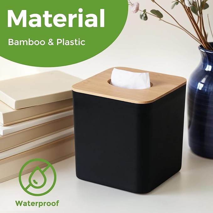 2 Pack Tissue Box Cover Square, Black Facial Tissue Holder with Bamboo Lid