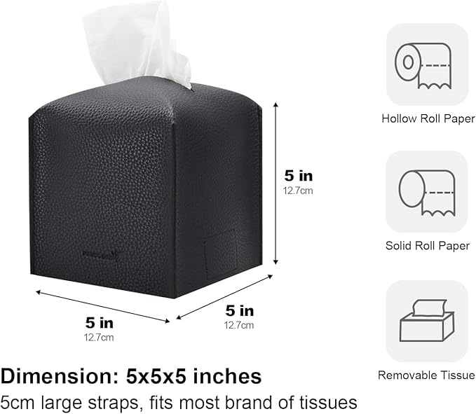PENGLONG Tissue Box Cover 5X5X5'' PU Leather Tissue Holder Square Tissue Cube Box Organizer for Bathroom Vanity Countertop, Car, Night Stands, Office, Home, Kitchen (2Pack, Black)
