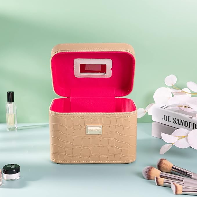 Sluxa Fashion makeup box, Portable leather hard cosmetic case with mirror, Professional train case make up box for women adults. (Beige)