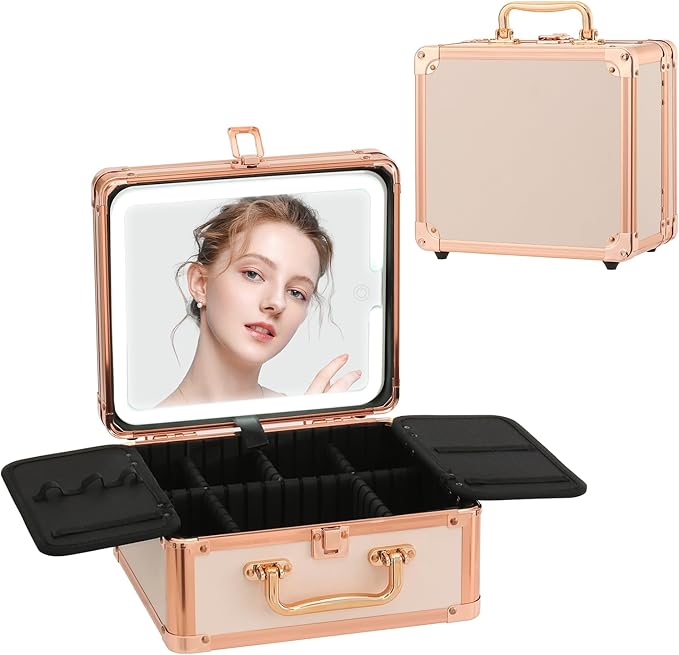 Leeora&Leekoo Makeup Box with Lighted Mirror,Portable Makeup Train Case Organizer (Off white)