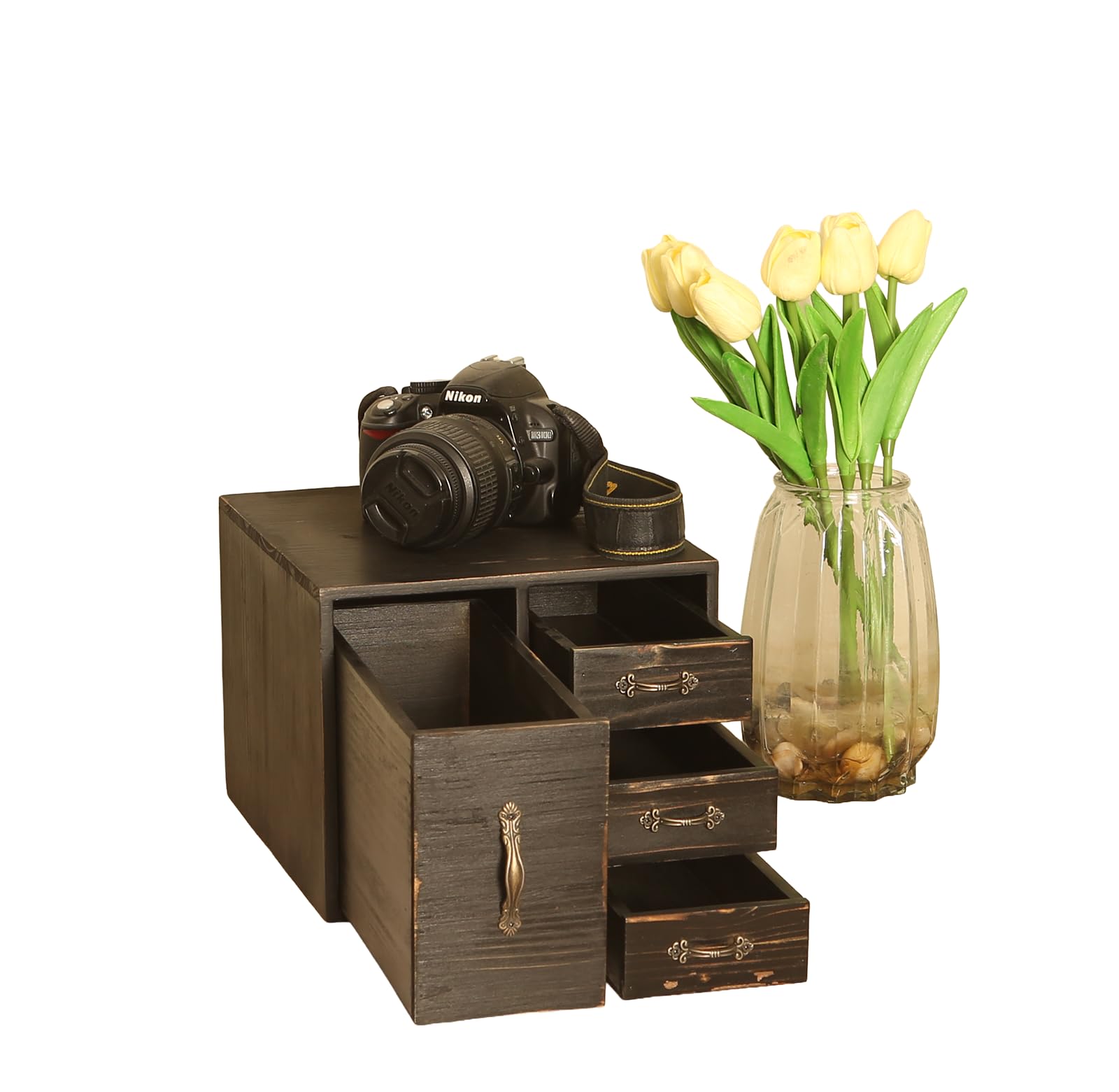 Juleduo Rustic Beauty Organizer 4 Drawers - kitchen storage Wooden Cosmetic Storage Box for Neat & Home Office Desk &Organize &Storing of Makeup Tools,Bathroom Counter-top(Black, L)