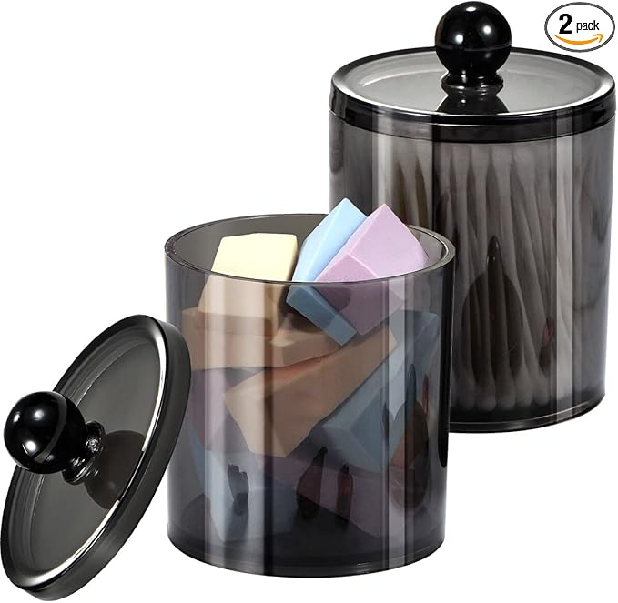 SheeChung 2-Pack Qtip Holder,Clear Black Acrylic Apothecary Jar,Bathroom Jars with Lids - Shatterproof Qtip Holder Dispenser for Bathroom Vanity - 10oz Small Cotton Ball & Swab Storage Canisters