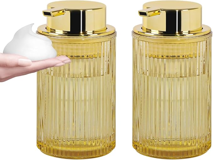 Tonxus Foaming Soap Dispenser, 12 Oz Amber Glass Foam Hand Soap Dispenser, Refillable Glass Foam Pump Bottle Container Decorative Slim Ribbed Bottle for Bathroom and Kitchen