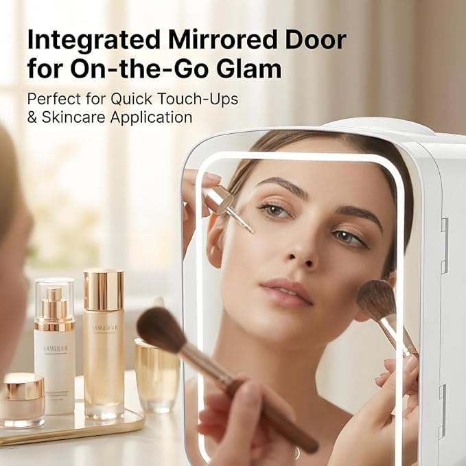 Lispin 4L Mini Skincare Fridge with Dimmable LED Mirror, Portable Beauty Refrigerator for Makeup, Cosmetic, Personal Small Refrigerator with Cooler and Warmer for Bedroom, Office and Car