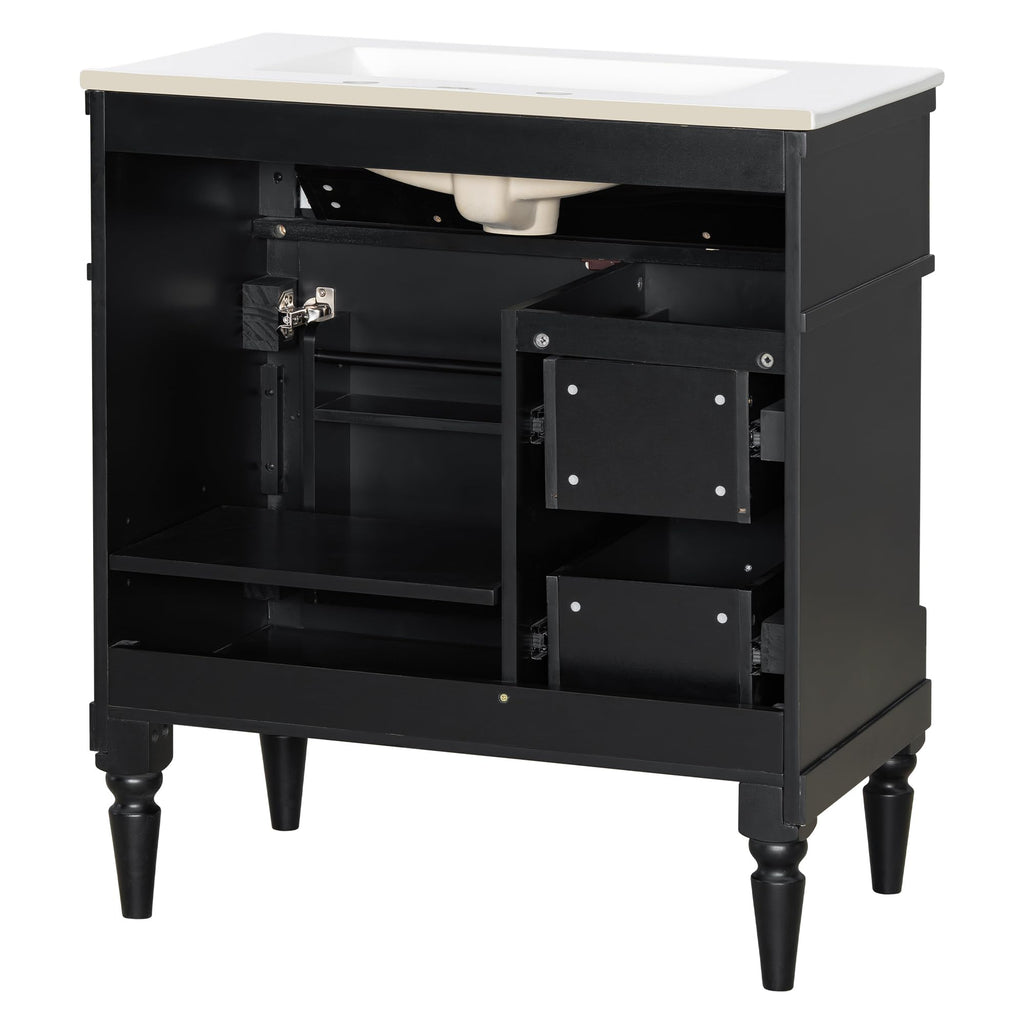 Harper & Bright Designs 30" Bathroom Vanity with Sink, Free Standing Bathroom Vanity Set with Flip Drawer, 2 Drawers, and Adjustable Shelf, Wood Storage Cabinet with Ceramic Basin for Bathroom, Black