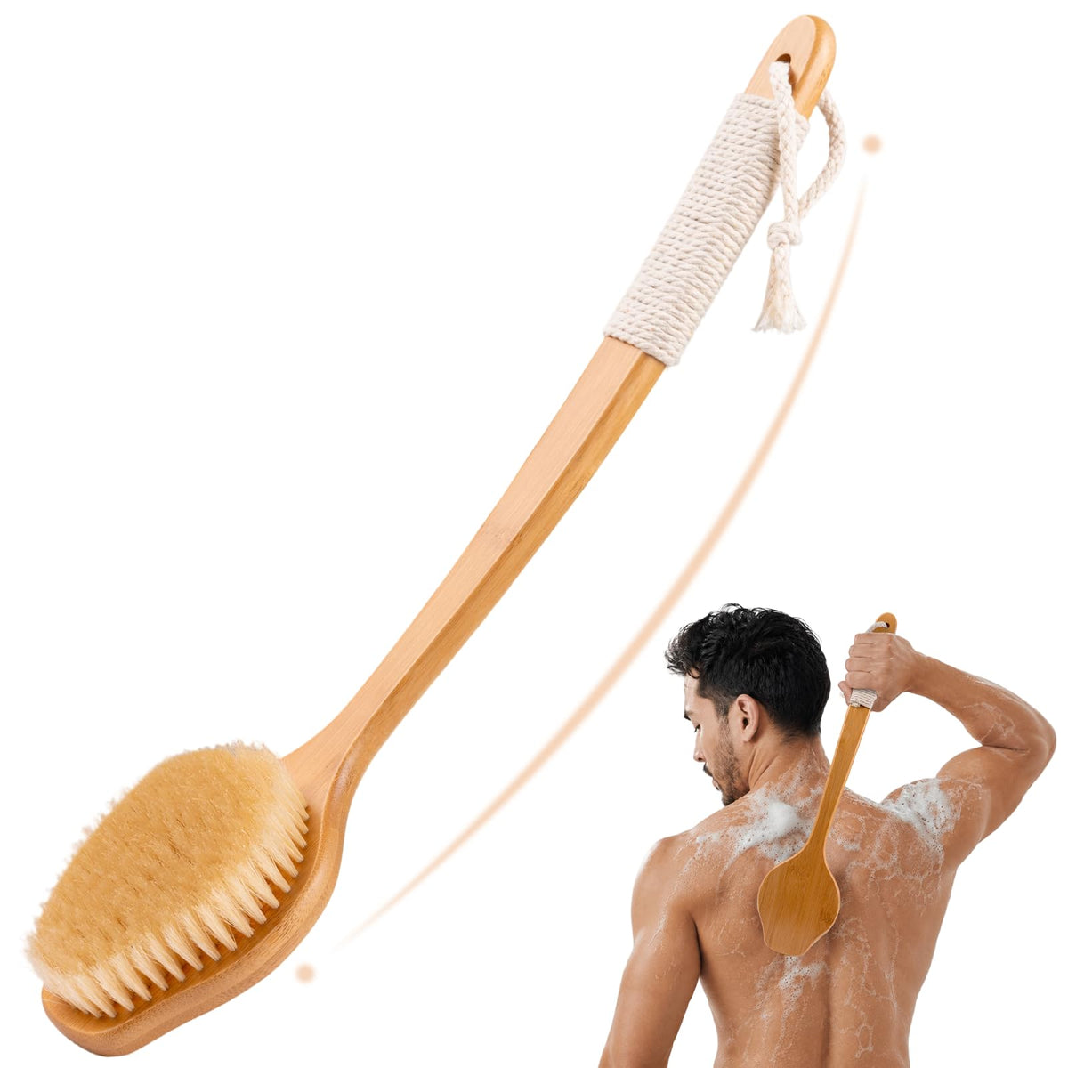 Back Scrubber for Shower - Double-Sided Silicone and Super-Dense Bristles for Deep Cleaning & Exfoliation, Bamboo Long Handle with Wider Anti-Slip Grip, Body Exfoliator for Wet or Dry Brushing