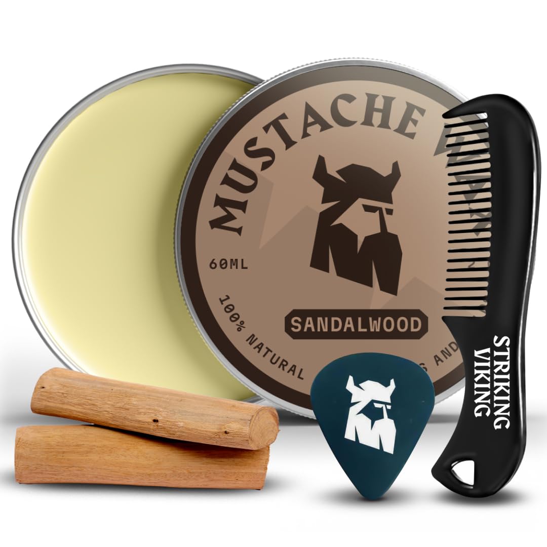 Striking Viking Mustache Wax Kit with Comb - 2 Oz, Sandalwood, Strong Hold