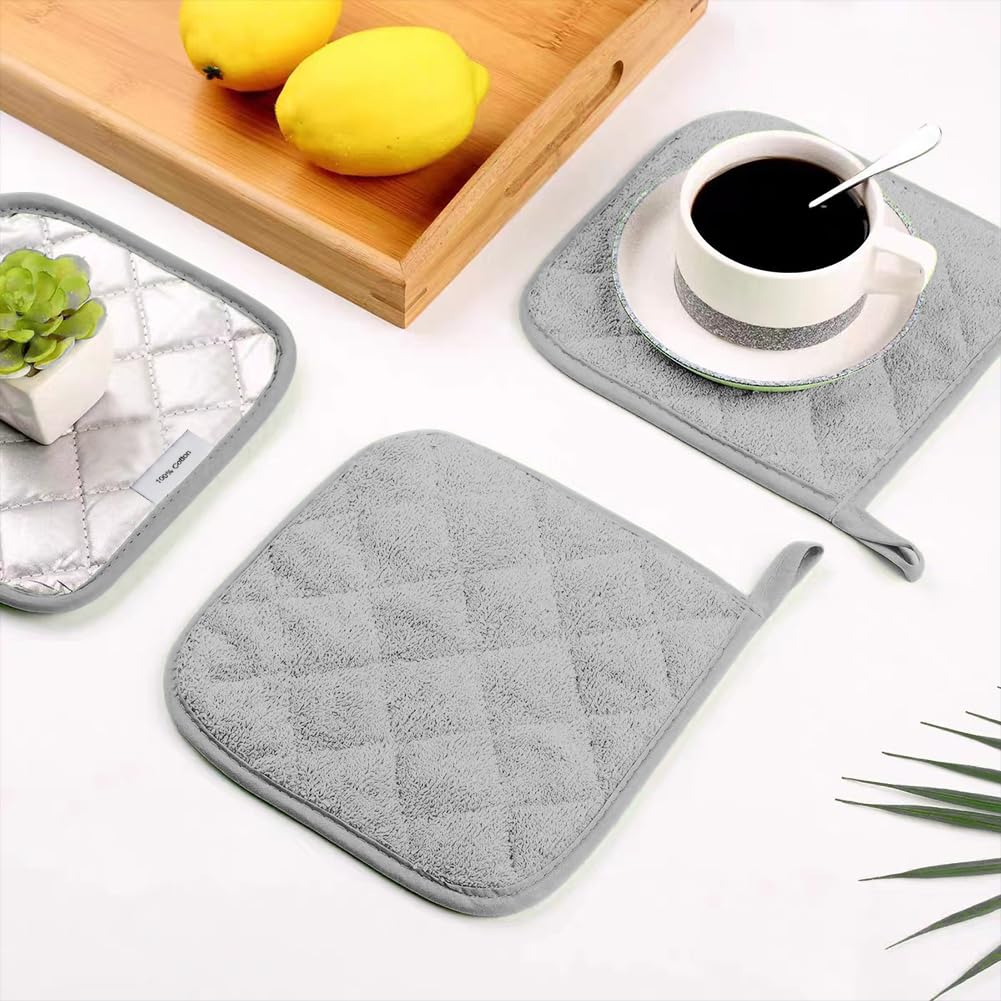 meioro 4-Pack Pot Holders for Kitchen High Heat Resistant Potholder, 100% Cotton Hot Pads, Quilted Terry Hot Pot Holder Set for Kitchens, Washable Trivet for Cooking and Baking 7x7 Inches (Dark Grey)