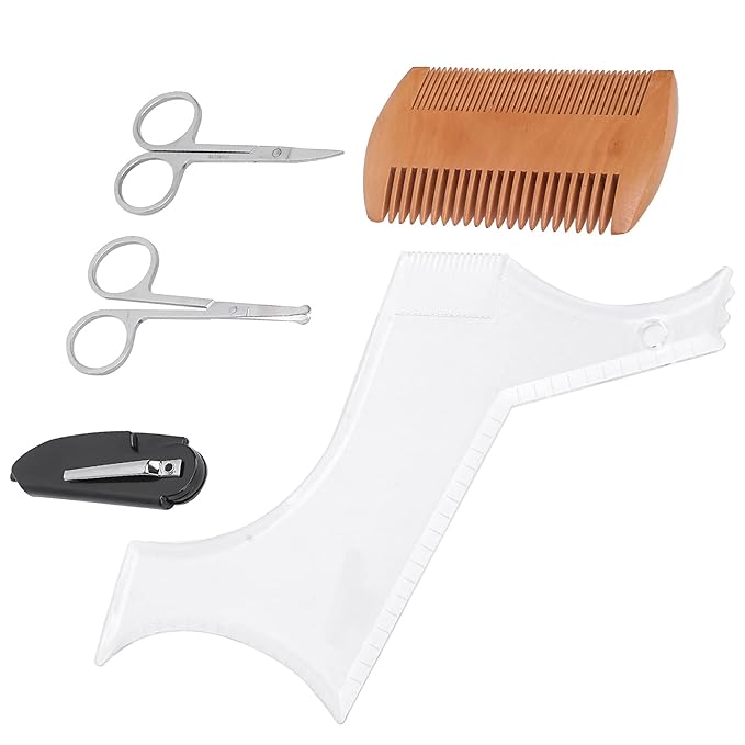 Beard Shaping Tool, Professional Beard Grooming Styling Set with Transparent Template Comb and Stainless Steel Scissors for Men Facial Hair Care