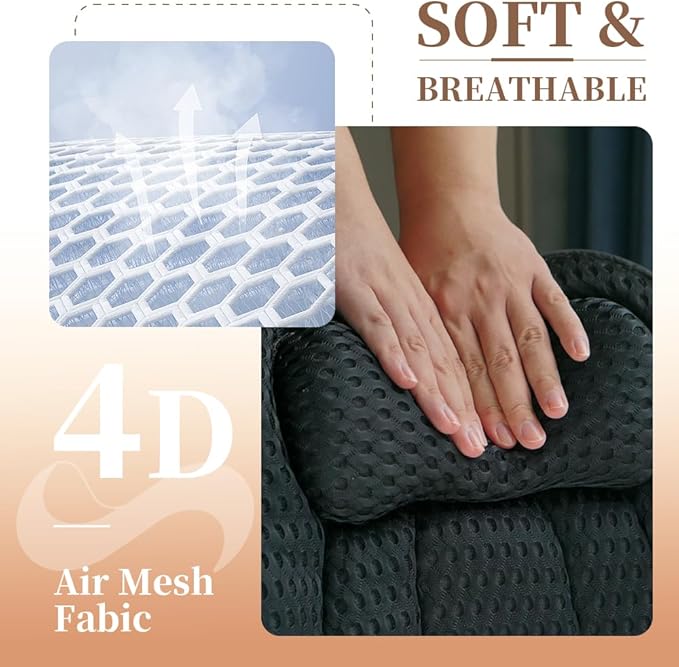 Joeyset Bath Pillow for Tub, 4D Air Mesh Breathable Fabric, Soft Supportive Bathtub Cushion for Head Neck Back, Ergonomic Spa Pillow with Strong Suction Cups, Quick-Drying, Machine Washable (Black)