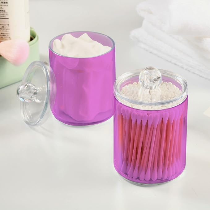 Violet Purple Qtip Holder Organizer Dispenser Cotton Swabs Cans Plastic Jars with Lid Set 4 Pack Bathroom Storage Canister for Cotton Ball Floss Cotton Pads