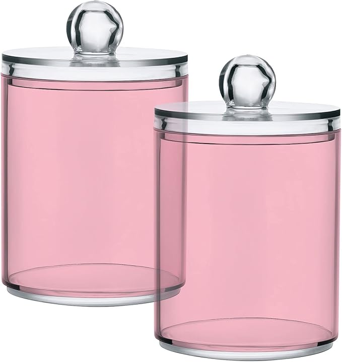 Pink Qtip Holder Organizer Dispenser Cotton Swabs Cans Plastic Jars with Lid Set 4 Pack Bathroom Storage Canister for Cotton Ball Floss Cotton Pads