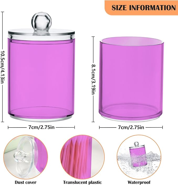Violet Purple Qtip Holder Organizer Dispenser Cotton Swabs Cans Plastic Jars with Lid Set 4 Pack Bathroom Storage Canister for Cotton Ball Floss Cotton Pads