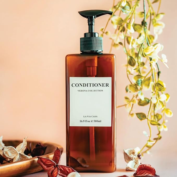La Via Casa Shampoo and Conditioner Dispenser | 3 Plastic Amber | Shampoo Dispenser with Waterproof Labels | Shower Bottles Refillable with Pump (Without Wall Mount)