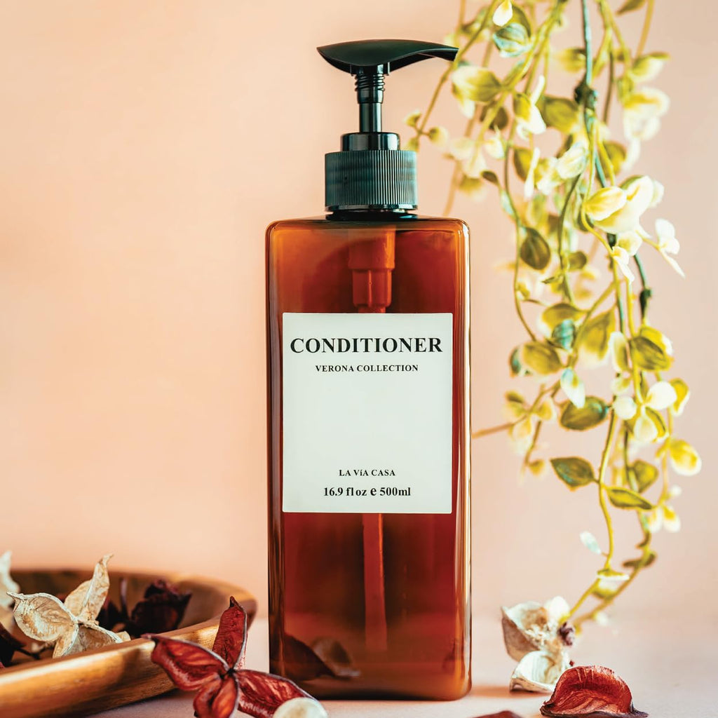 La Via Casa Shampoo and Conditioner Dispenser | 3 Plastic Amber | Shampoo Dispenser with Waterproof Labels | Shower Bottles Refillable with Pump (Without Wall Mount)