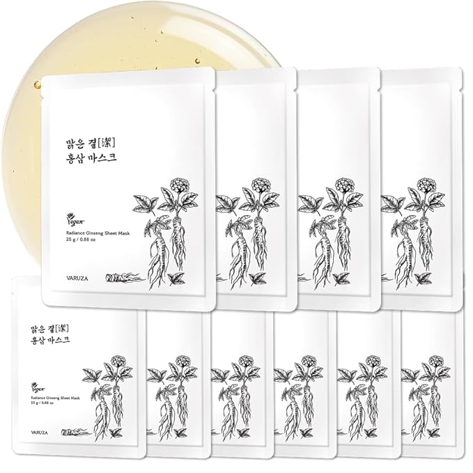 varuza Radiance Ginseng Sheet Masks - Hydrating Face Masks for Healthy and Strengthening Skin Barrier - Vegan, Cruelty Free Korean Face Mask