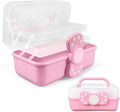 10.6in 3-Layer Multipurpose Storage Box Art Craft Organizer Storage Box Kids Clear Plastic Portable Storage Box/Tool Box with Handle for Sewing,Cosmetic,Medicine,Nail,Hair Accessories (Pink)