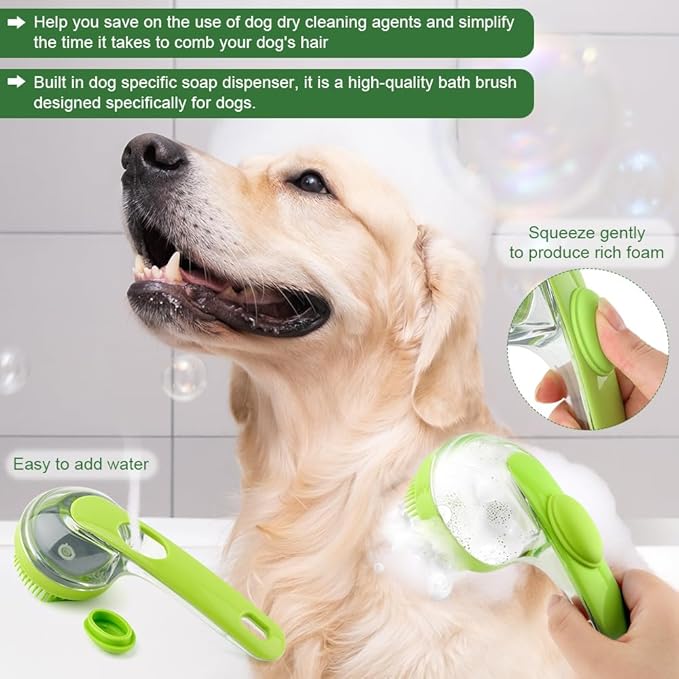 Pet Bath Brush, 2 in 1 Dog Bath Brush with Built-in Shampoo Dispenser, Pet Wash Brush with Double Head Toothbrush, Grooming Massage Brush for Dogs & Cats