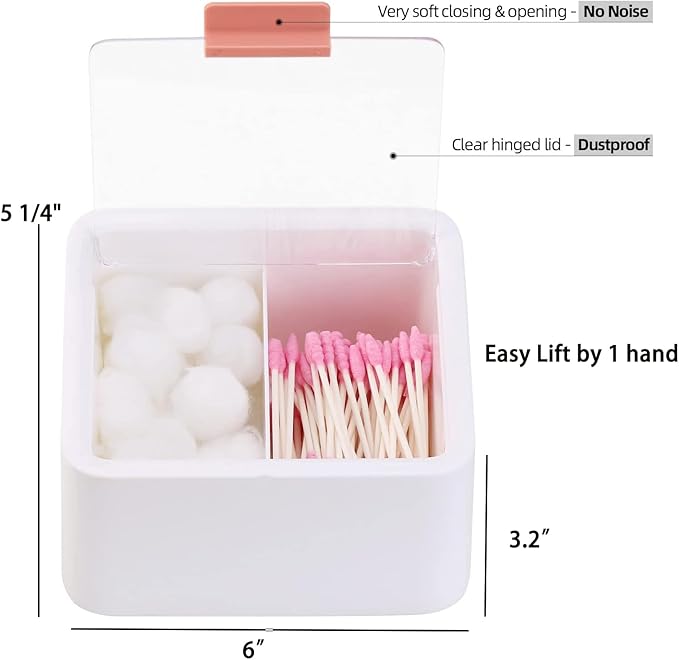 Tecbeauty 2 Slot Cotton Swab Ball Qtip Holder Jar Plastic Container Dispenser Box with Hinged Lid for Bathroom Home Storage Organizer