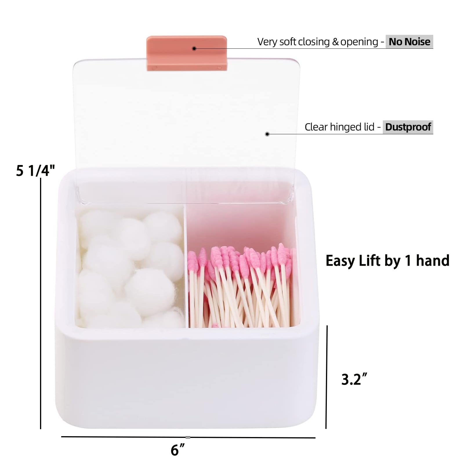 Tecbeauty 2pcs Qtips Holder - Middle Divider Cotton Pads Storage Dispenser Bathroom Organizer with Clear Hinged Lids for Cotton Balls Swabs Rounds-White & Pink