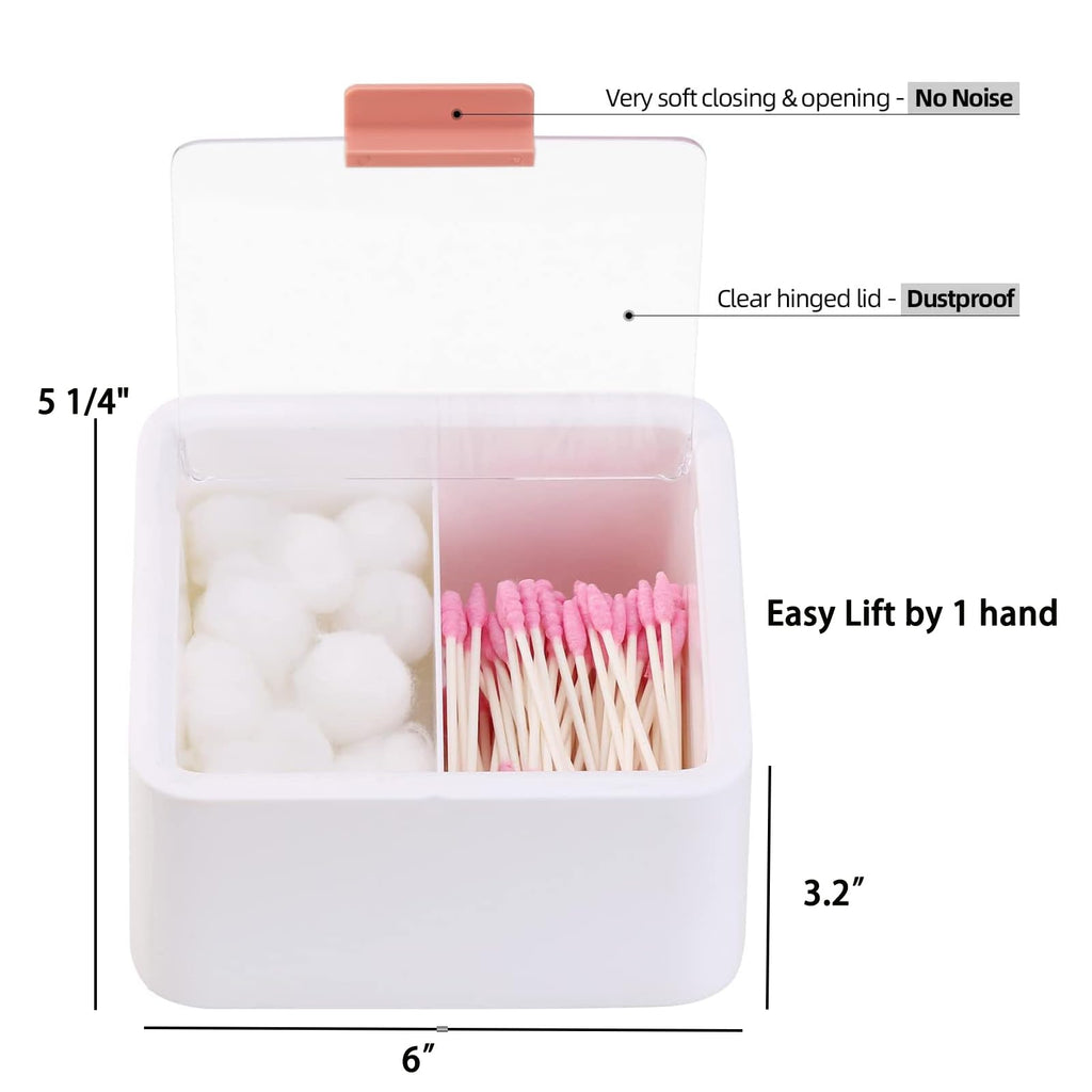 Tecbeauty 2pcs Qtips Holder - Middle Divider Cotton Pads Storage Dispenser Bathroom Organizer with Clear Hinged Lids for Cotton Balls Swabs Rounds-White & Blue