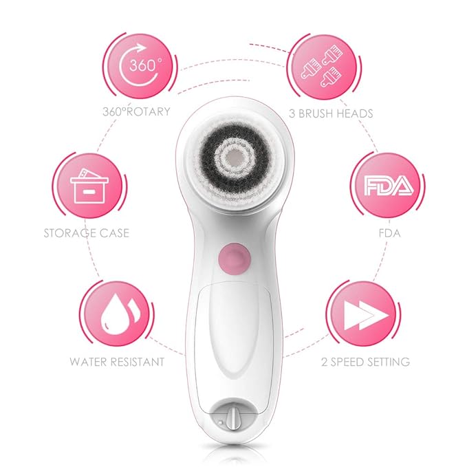 TOUCHBeauty Facial Cleansing & Exfoliator Brush Set with Travel Case 3 Professional Cleansing Brush Heads for Oil/Sensitive/Combination Skin |Waterproof, Dual Speed