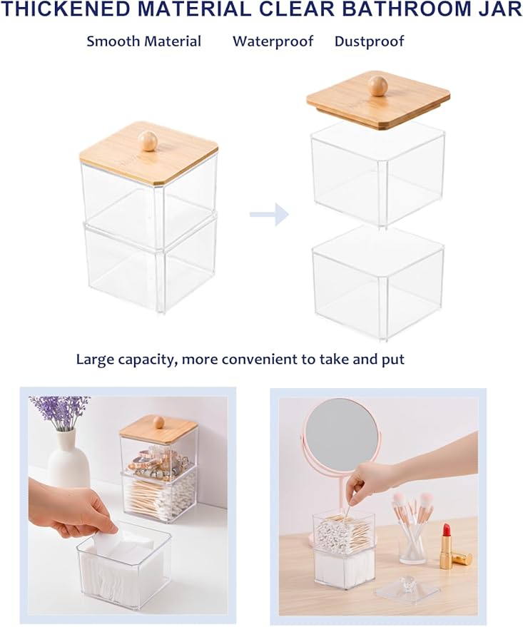 VIPTUVI Cotton Swab Holder with Bamboo Lid, Double Layer Stackable Apothecary Jar for Bathroom Vanity, Cotton Ball Container & Floss Pick Organizer, Dispenser for Hair Tie & Cotton Rounds.