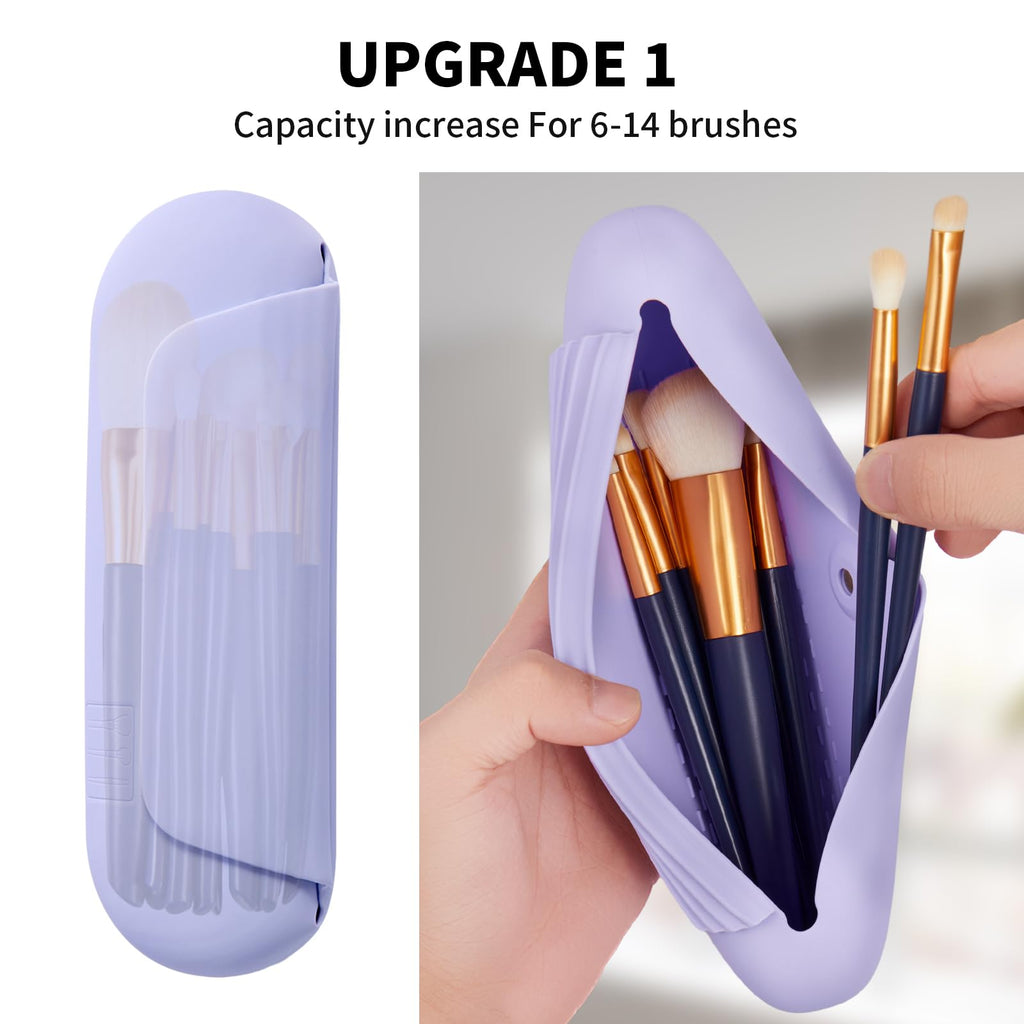 AGIKET Silicone Makeup Brush Holder Travel Cosmetic Bag：Soft Portable Cosmetic Face Brushes Holder with Upgrade Anti-Fall Out Magnetic Closure, Large Travel Makeup Brush Case - Lavender