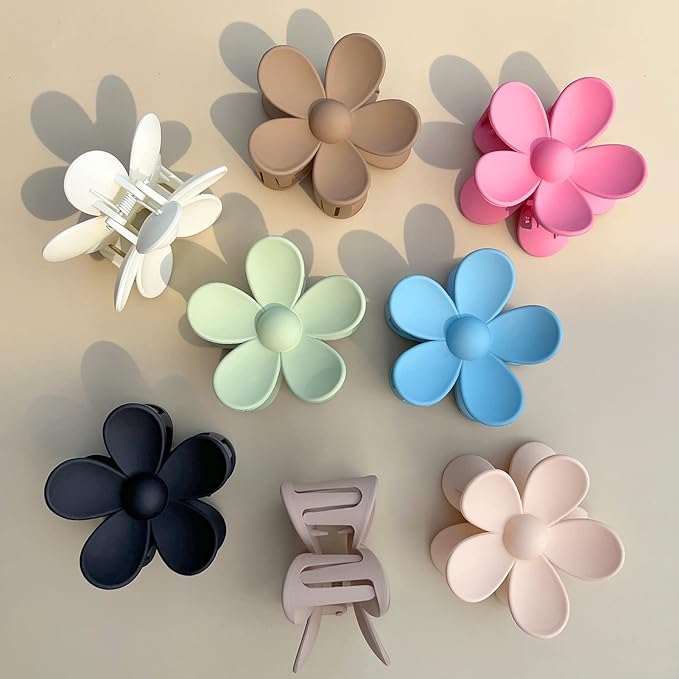 Flower Hair Clips 8PCS, Large Claw Clips for Women Girls Thick Thin Hair, Strong Hold Nonslip Big Dasiy Jaw Clamps Matte Hair Accessories 8 Colors