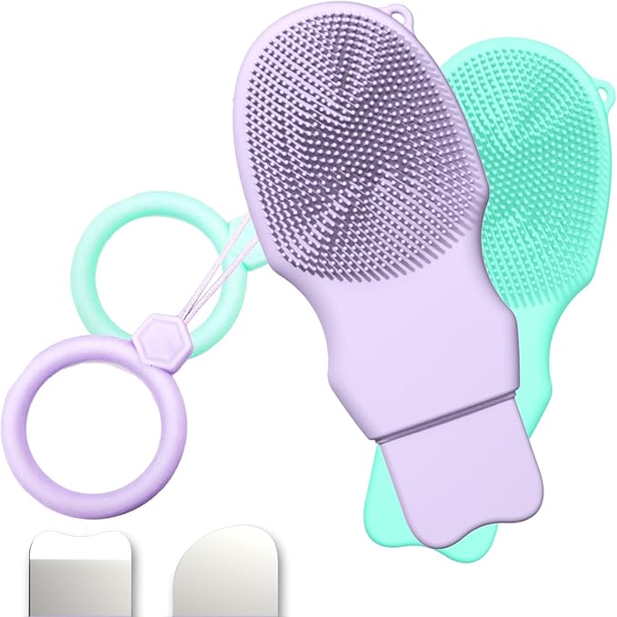 2-Pack Blackhead Remover Double Headed Scraper, Silicone Face Scrubber for Deep Cleansing, Portable Mini Skin Care Tool for Men & Women (Green + Purple)